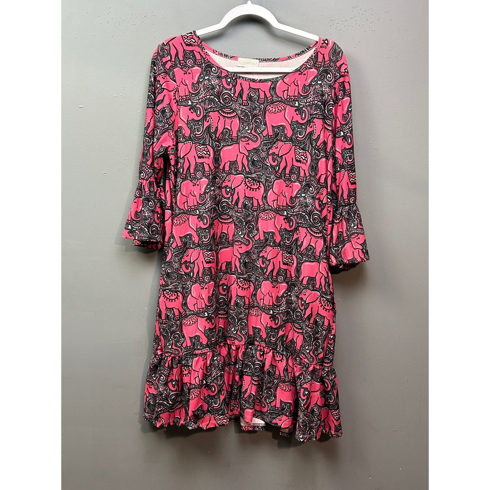 Simply Southern Pink Elephant Print Ruffle Bell Sleeve Dress Size Medium